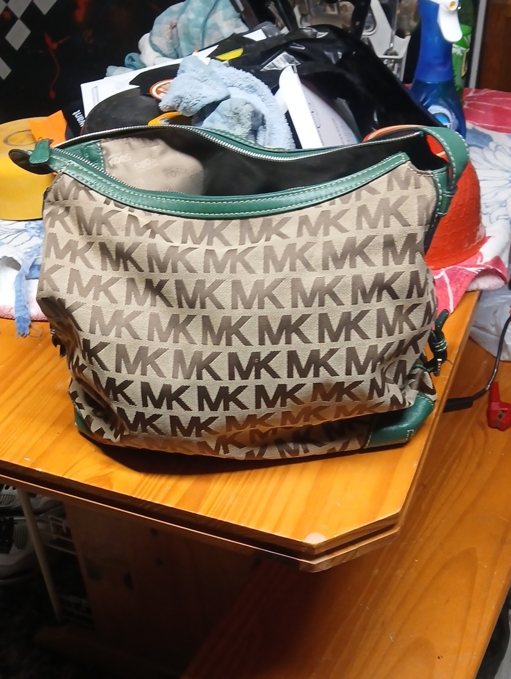 Michael Kors Beige MK Monogram Shoulder Bag with Green Trim